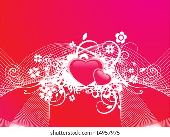 two romantic heart with waves, swirl and floral elements in blue, illustration