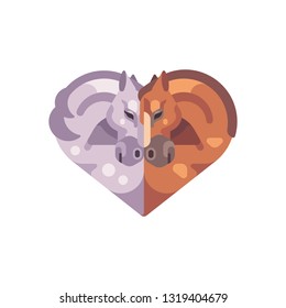 Two romantic horses in the shape of a heart. Valentine's Day flat illustration. 