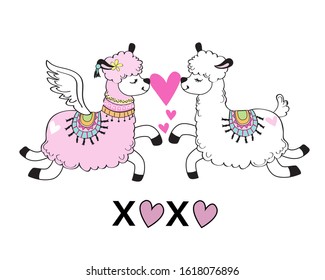 Two romantic llamas are holding a pink heart on a white background. Valentines day greeting card