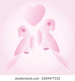 Two romantic pink birds with hearts on pink background. Vector illustration.