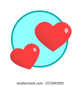 Two romantic red hearts. Round blue background with frame. Vector isolated illustration on the theme of love.