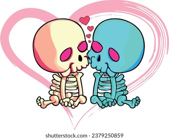 Two romantic skeletons kiss with pink heart in background