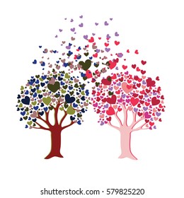 Two romantic trees with leaves in shape of heart. Vector illustration on white background