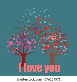 Two romantic trees with leaves in shape of heart. Vector illustration on turquoise background. I love you