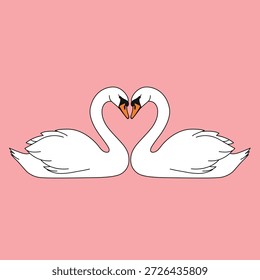 Dois cisnes brancos românticos de frente um para o outro formando uma forma de coração com seus pescoços ilustração vetor no fundo rosa