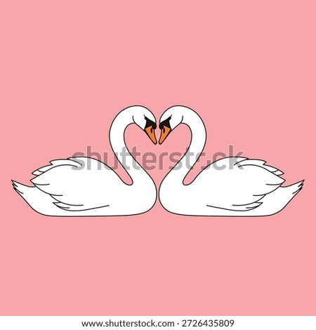 Two romantic white swans facing each other forming a heart shape with their necks vector illustration on pink background