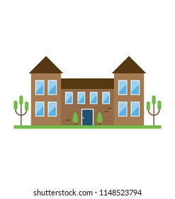 
Two roofs like huts on a building with entrance and windows representing castle icon 
