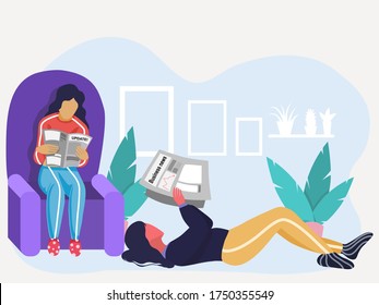 Two roommates reading newspaper sit on sofa at home and  lay down on the floor,announcement , promotion, news, advertising, commercial concept, vector illustration 