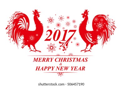 Two Rooster and Snowflake. 2017. Vector red template for New Year design. 