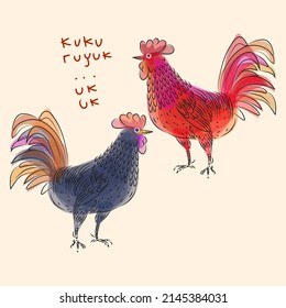 Two roosters chicken cartoon animal farm agriculture flat design vector illustration.