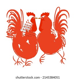 Two roosters chicken cartoon animal farm agriculture flat design vector illustration.