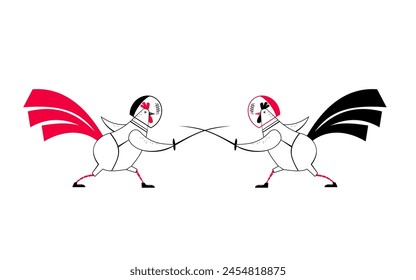 Two roosters compete in fencing. Sports character symbol. Vector hand drawn illustration.