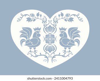Two roosters with flowers and plants on the background of a heart. Decorative stylized style. Two colors. Decorative element, isolated. Vector clipart