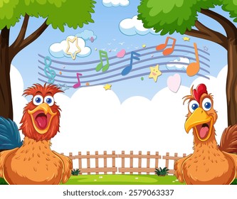 Two roosters singing under a musical sky