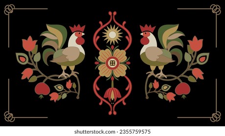 Dos gallos, ornamento simétrico. Gallos decorativos sentados sobre ramas con hojas, frutas y flores. Ilustración para bordado, pegatinas, vidrio manchado, imprenta, afiche, aplicativo