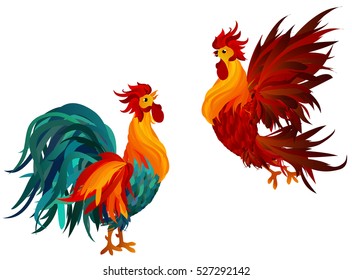 Two Roosters. Vector. Symbol 2017. Isolated Cockerels on a white background