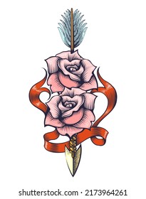 Two Rose Flowers Pierced By Arrow Tattoo drawn in engraving style isolated on white. Vector illustration.