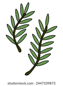 Two Rosemary twigs. Spice, condiment and herb. Kitchen cooking. Food Doodle icon, logo, sticker. Vector flat illustration.