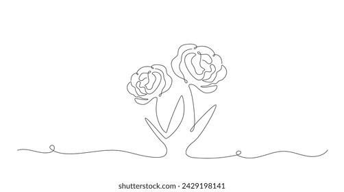 Dos rosas en estilo de dibujo de arte en línea continua. Borde floral elegante en estilo lineal moderno. Diseño lineal negro minimalista aislado sobre fondo blanco. Ilustración de vector