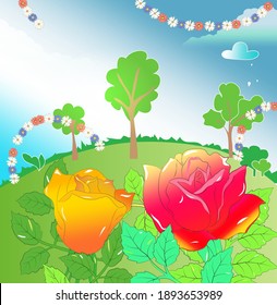 Two roses orange and red grow in the garden
- color vector illustration.