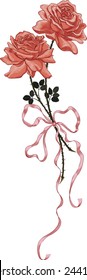 Two roses tied with a bow isolated on white background