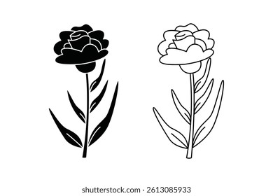 Two rose-style flowers in black and white with contrast between filled and outlined versions.