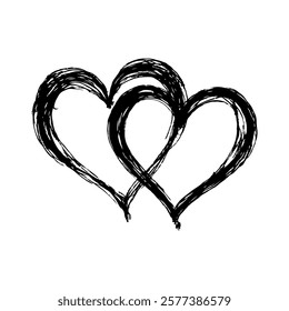 Two rough, black brushstroke hearts intertwined, set against a clean white background. Symbol of love, unity, and romance. Valentine's day illustration.