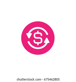 Two round arrows with  dollar sign in pink circle. Flat icon. Isolated on white. Currency exchange icon. Good for web and software interfaces. Vector illustration