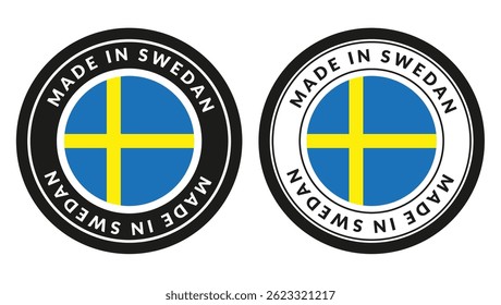 two round badges with sweden  flag design and made in sweden text around, showing product origin label, certification or country of manufacturing