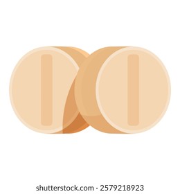 Two round beige medical pills with a line dividing them are lying on a white background