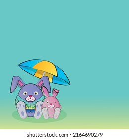 Two round cartoon pink rabbits on the sea. Vector illustration.