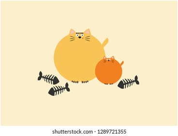 two round cats with skeletons of fish (orange, beige)