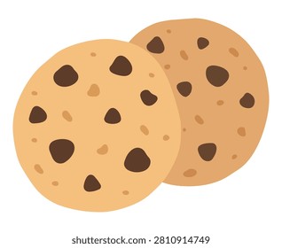 Two round chocolate chip cookies with visible chocolate pieces, overlapping and isolated on a white background in a simple flat style.