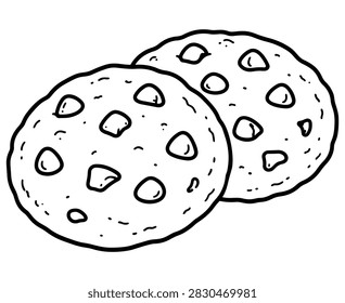 two round chocolate chip cookies drawn in simple hand drawn outline style isolated on white background