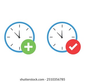 Dois relógios redondos com ícones de mais e marca de seleção, indicando diferentes horários, pontualidade e atraso