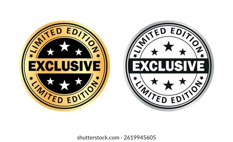 two round exclusive limited edition badges with stars in gold and silver styles, symbolizing premium product label, trusted branding, luxury status, and special promotional recognition	