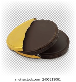 Two round flat chocolate coins isolated on a white transparent background. Vector 3D realistic illustration.