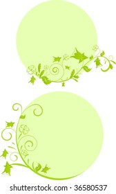 Two round floral green frames with flowers, swirls, leaves
