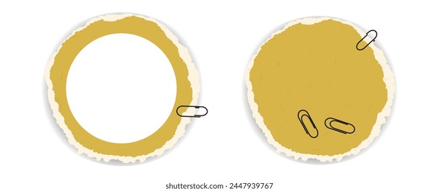 Two round frames made of torn paper and several paper clips nearby. One frame - with empty circle inside, other - whole torned paper circled form. Vector illustration.