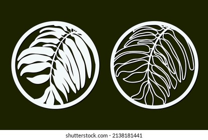 Two round frames with silhouette and outline of large leaves. File for cutting and decorating. Design for home.