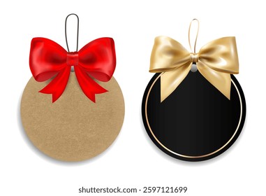 Two round gift tags with a kraft paper and black design, decorated with red and gold bows. Perfect for holiday gifts, promotion, sale, Christmas, special occasions, branding. Vector illustration