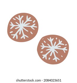two round ginger cookies with snowflake decoration. Vector illustration. Freehand isolated element. Vector flat hand drawn Illustration. Only 5 colors - Easy to recolor.