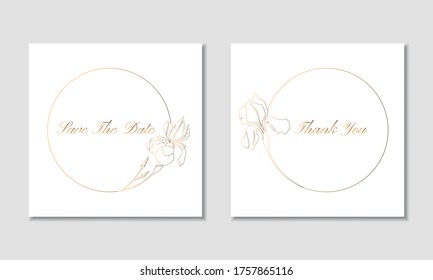 Two round golden frames with iris flowers. Vector template card