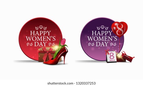 Two round greeting banners to the women's day with gift, women's Shoe with tulips inside and balloon