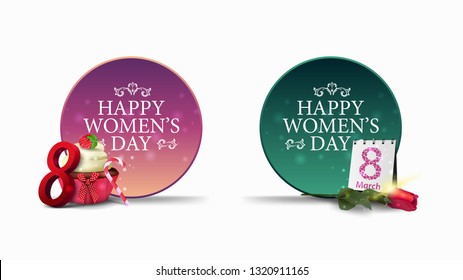 Two round greeting banners to the women's day with cupcake, raspberry berries, rose and calendar