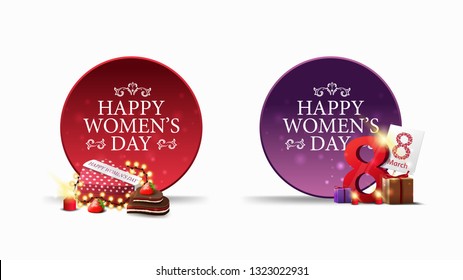 Two round greeting banners to the women's day with gifts with the number eight and gift in the shape of a heart