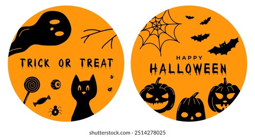 Dois desenhos redondas de Halloween, adesivos. Feliz Dia das Bruxas, truque ou deleite