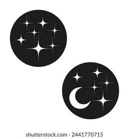 Two round icons featuring stars and a crescent moon. Vector illustration. EPS 10.
