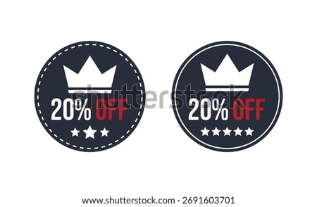 Two round icons with white crowns, white stars and red '20% OFF' text, set against a dark blue dotted bordered circle on a clean white backdrop.