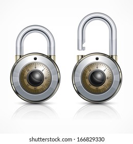 Two round metallic code padlock isolated on white, vector illustration